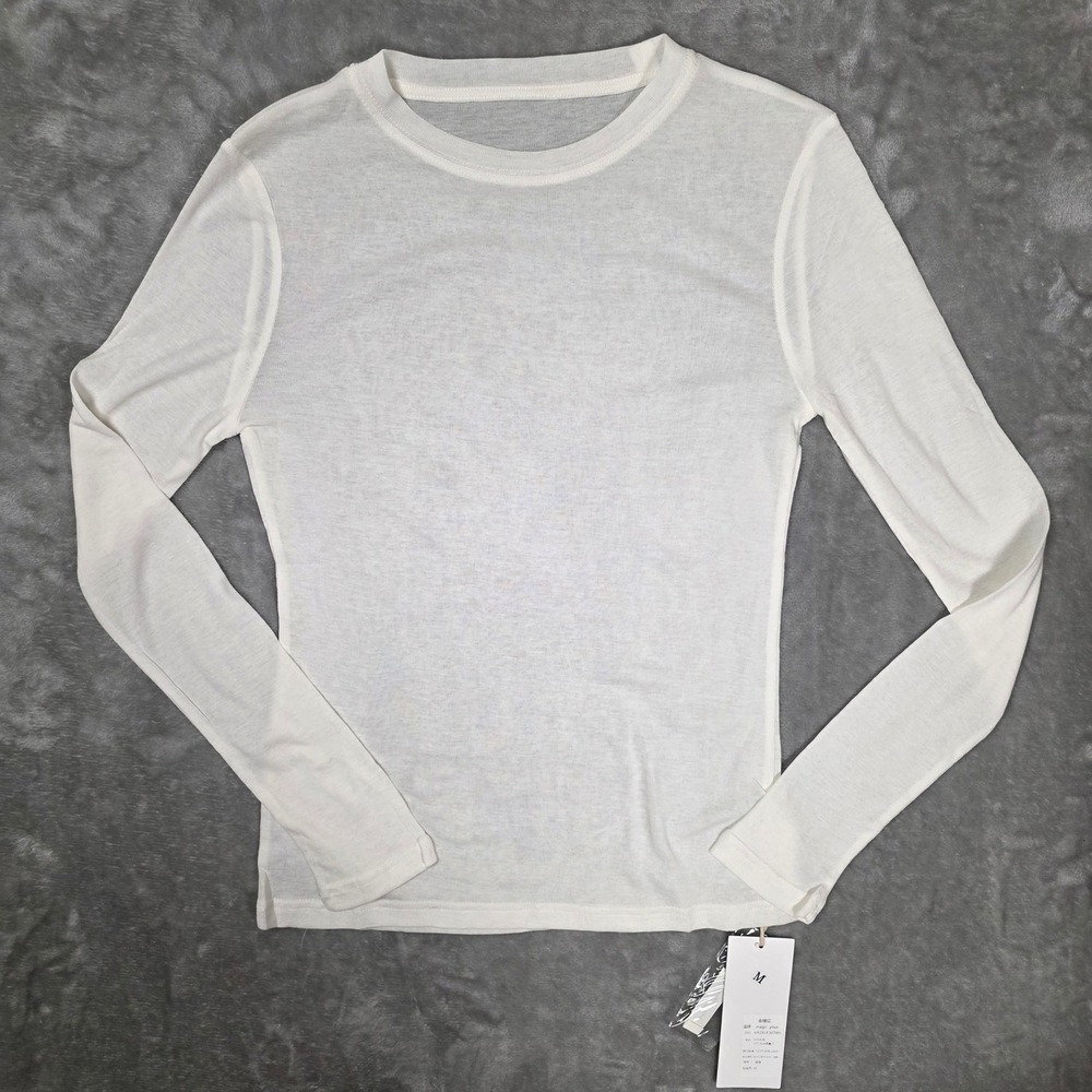 Wool Blend Long Sleeve Crew Neck Lightweight Top Womens M White NEW Quiet Luxury